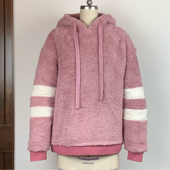 Sporty Varsity Stripe Pink Dusty Rose Fluffy Soft Teddy Hooded Sweatshirt Top - Picture 4 of 9